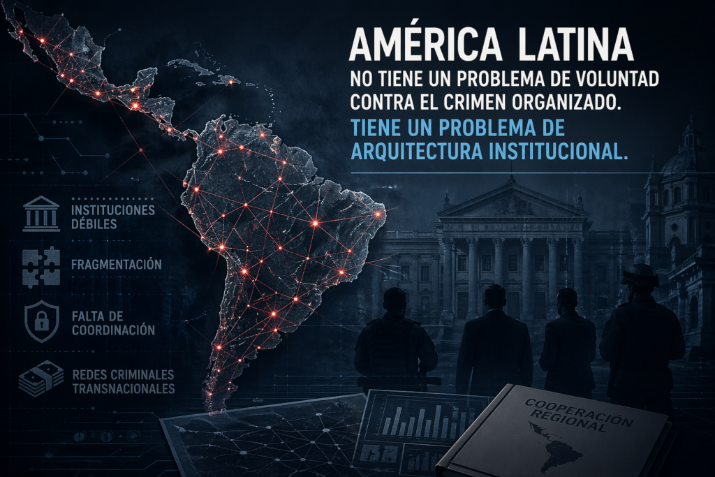Crimen organizado en América Latina y arquitectura institucional regional representados en mapa estratégico.