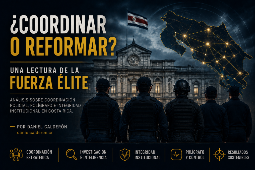 lustración sobre la Fuerza Élite en Costa Rica, con oficiales de seguridad, un mapa interconectado del país y un edificio gubernamental al fondo, representando la coordinación policial, la inteligencia criminal y la reforma de la seguridad pública.